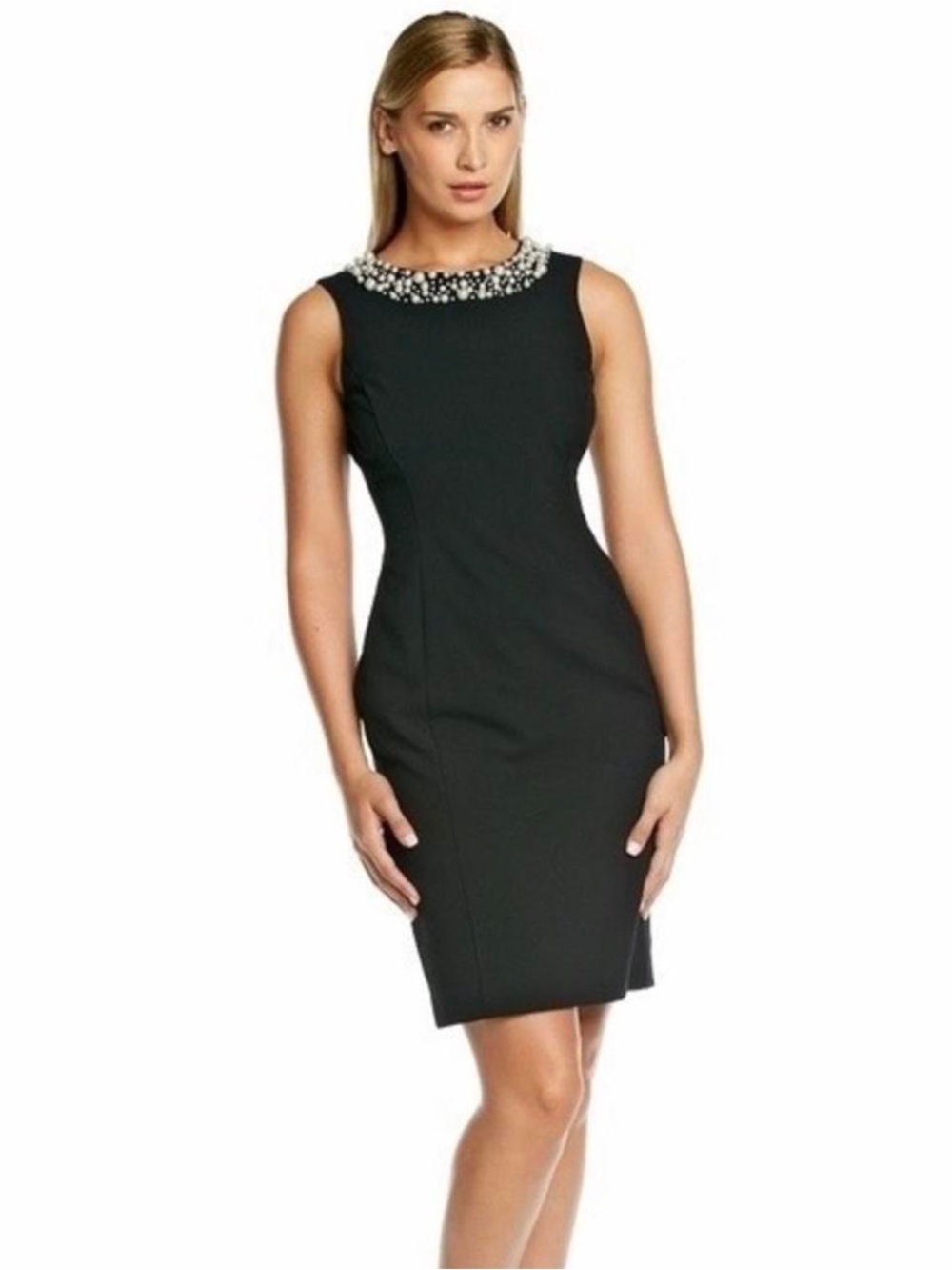 Calvin Klein Black Midi Sheath Dress with Pearl-Bead Collar Size 10 NWT